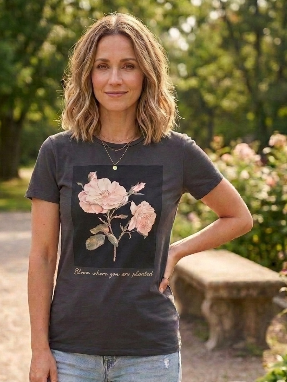 Gray Graphic T-Shirt with Floral Design